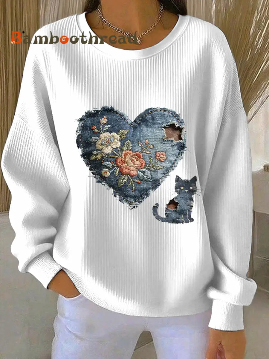 Women’s Vintage Cat Patchwork Print Denim Patchwork Top White / S
