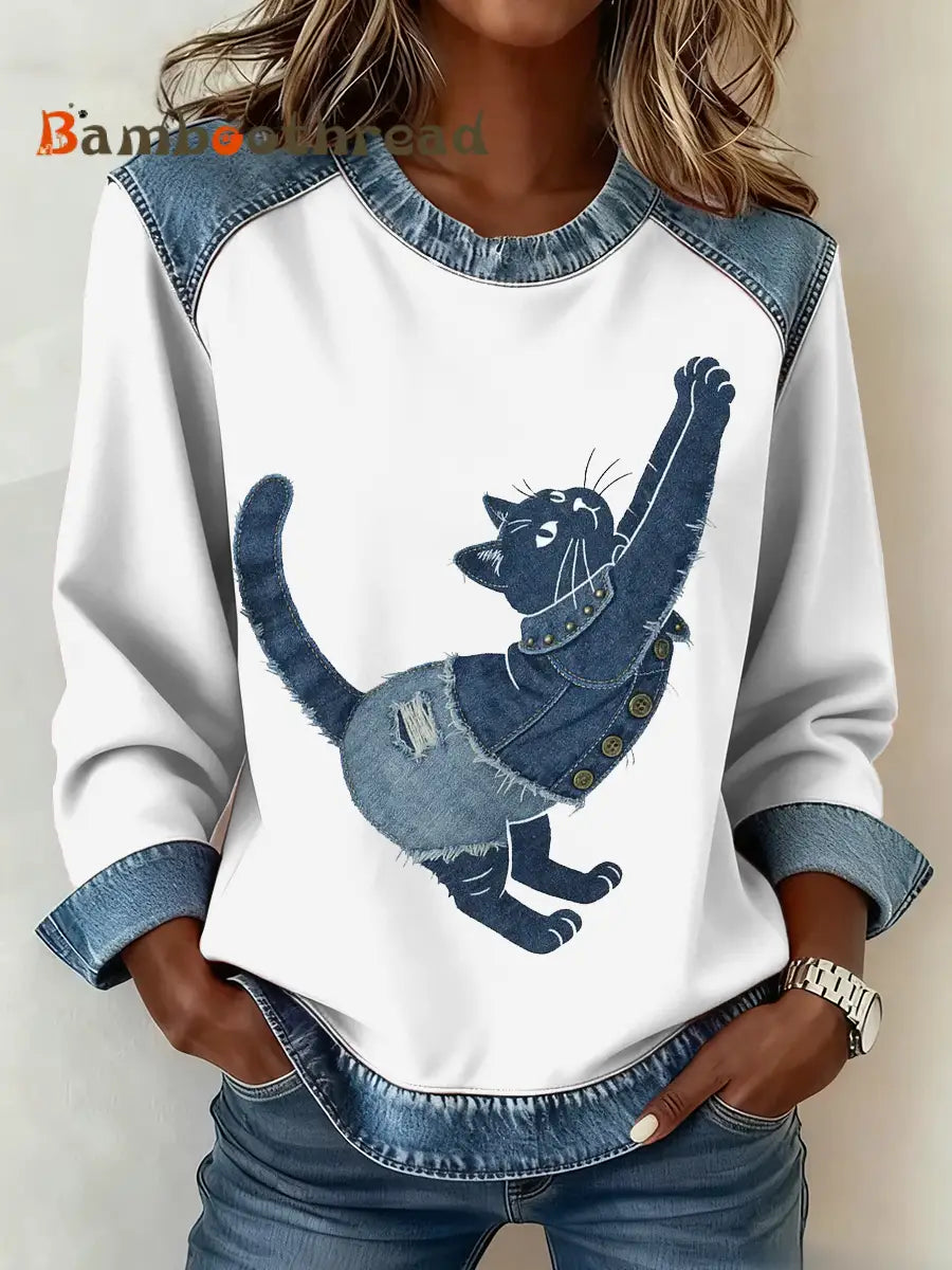 Women’s Vintage Cat Patchwork Print Denim Patchwork Top White / S