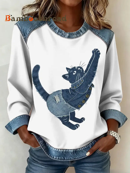 Women’s Vintage Cat Patchwork Print Denim Patchwork Top White / S