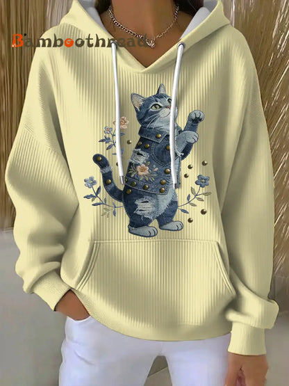 Women’s Vintage Cat Patchwork Print Hoodie Beige / S