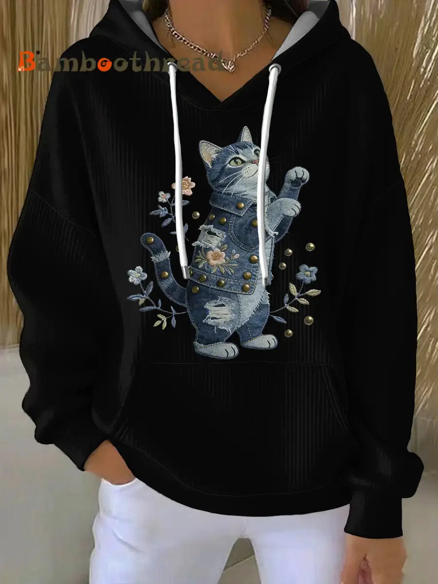Women’s Vintage Cat Patchwork Print Hoodie Black / S