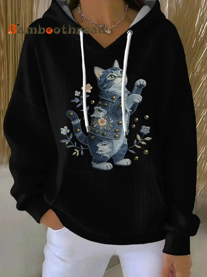 Women’s Vintage Cat Patchwork Print Hoodie Black / S