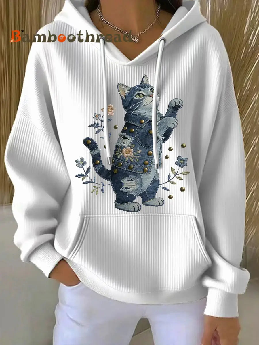 Women’s Vintage Cat Patchwork Print Hoodie White / S