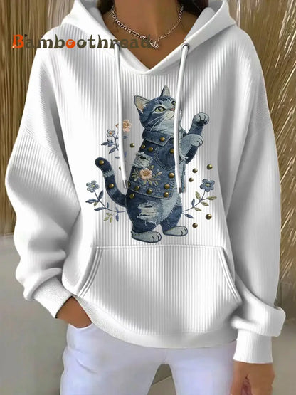 Women’s Vintage Cat Patchwork Print Hoodie White / S