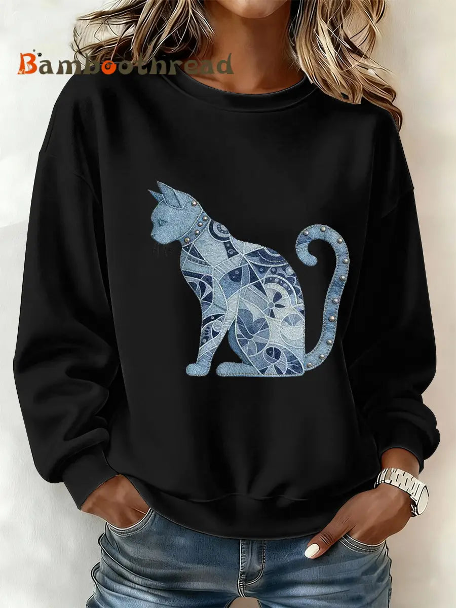 Women’s Vintage Cat Patchwork Print polyester sweatshirt Black / S