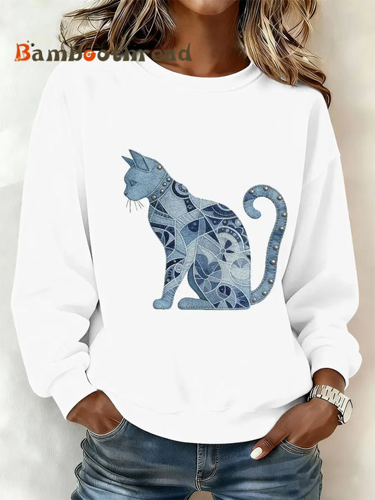 Women’s Vintage Cat Patchwork Print polyester sweatshirt White / S