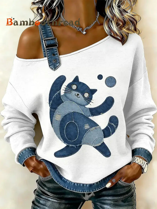 Women’s Vintage Cat Patchwork Print Sweatshirt White / S