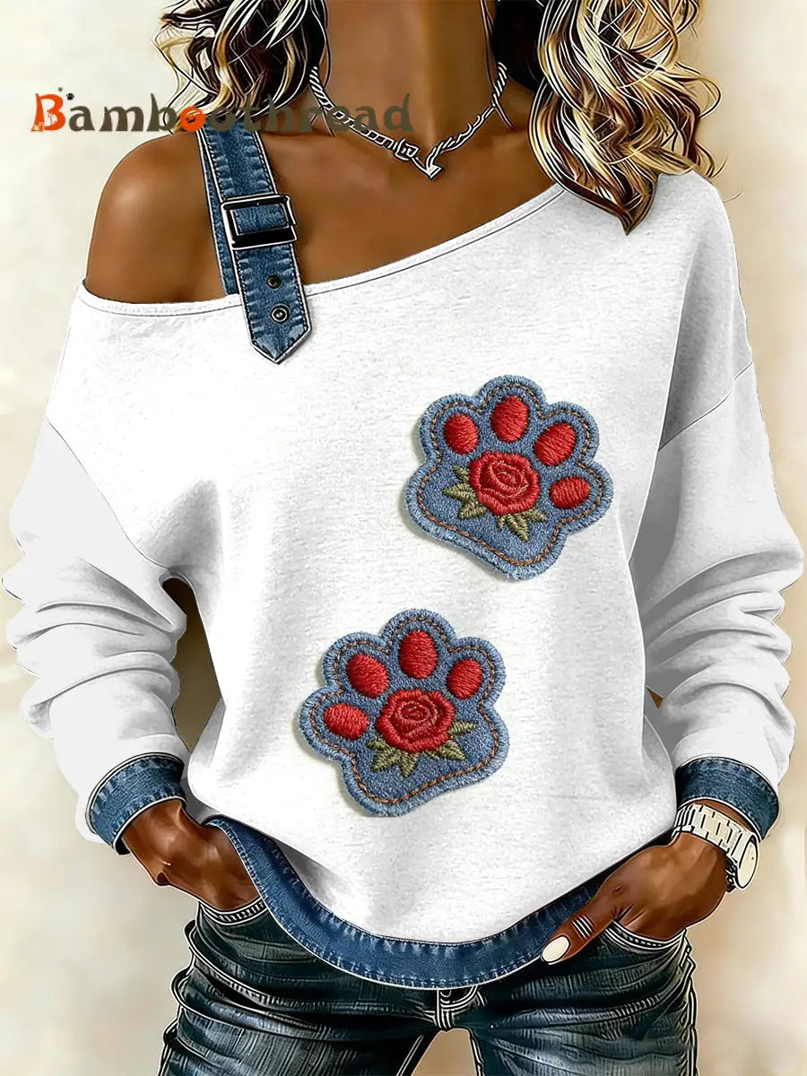 Women’s Vintage Cat Paw Patchwork Print Casual Off-Shoulder Sweatshirt As picture / S