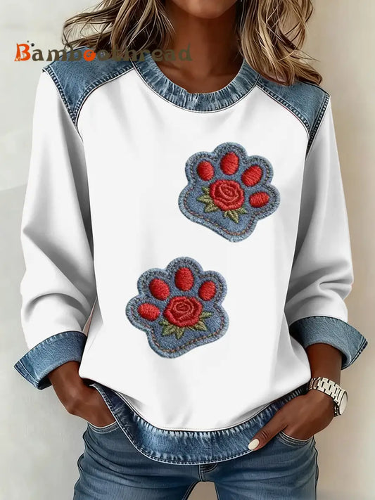 Women’s Vintage Cat Paw Patchwork Print Denim Patchwork Top White / S