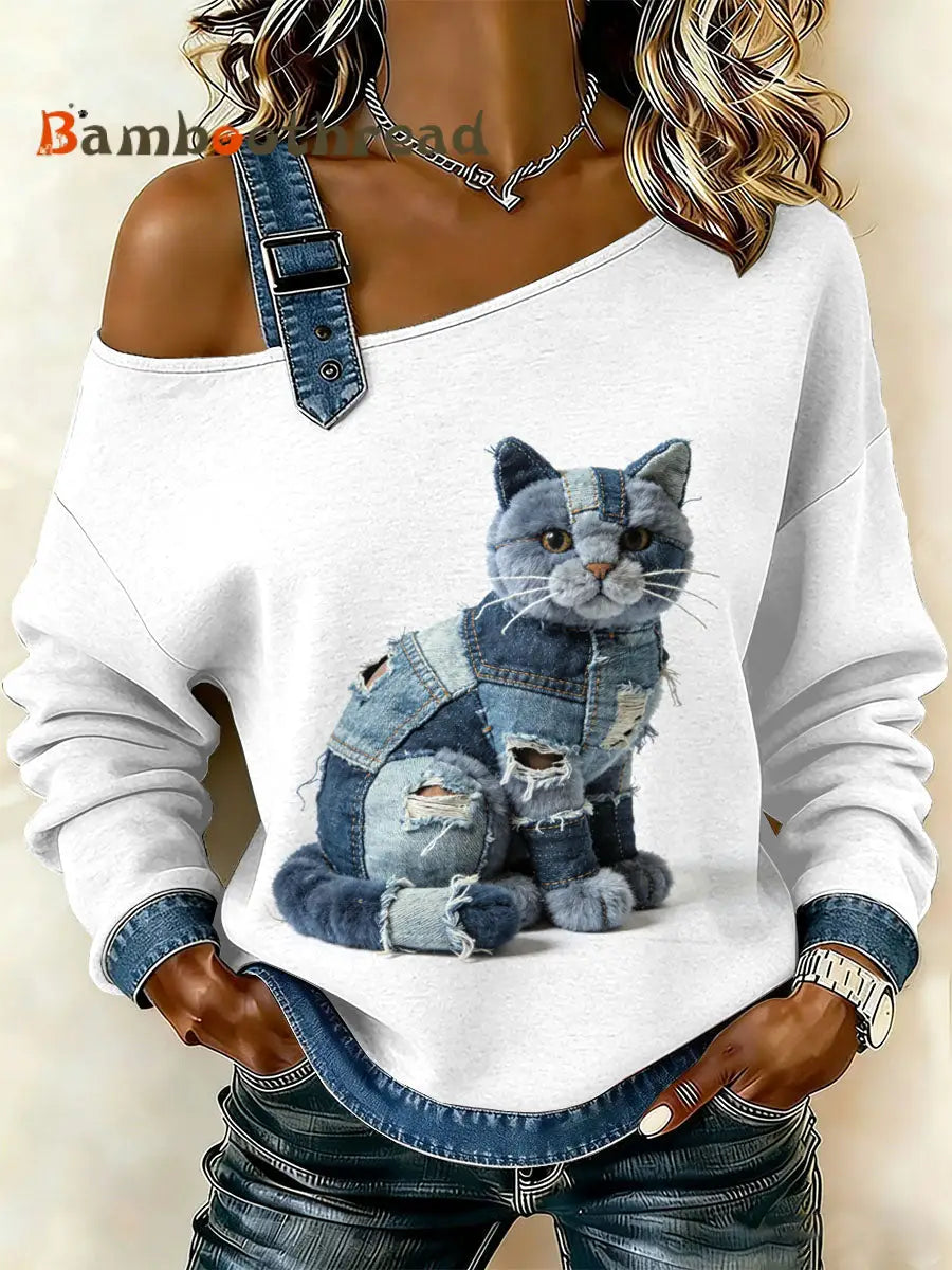 Women’s Vintage Cat Print Casual Off-Shoulder Sweatshirt As picture / S
