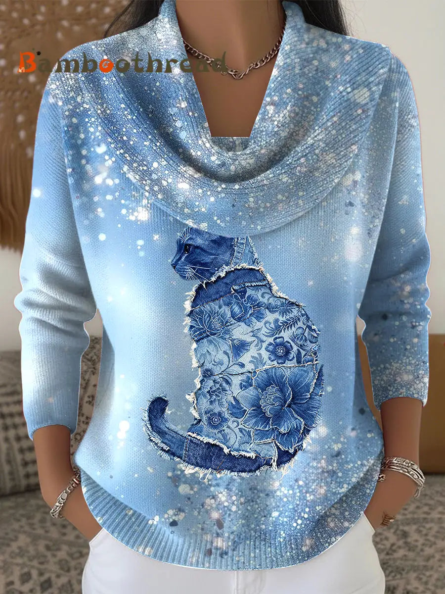 Women’s Vintage Cat-Print Shimmering Ruffle Collar Top Blue / S