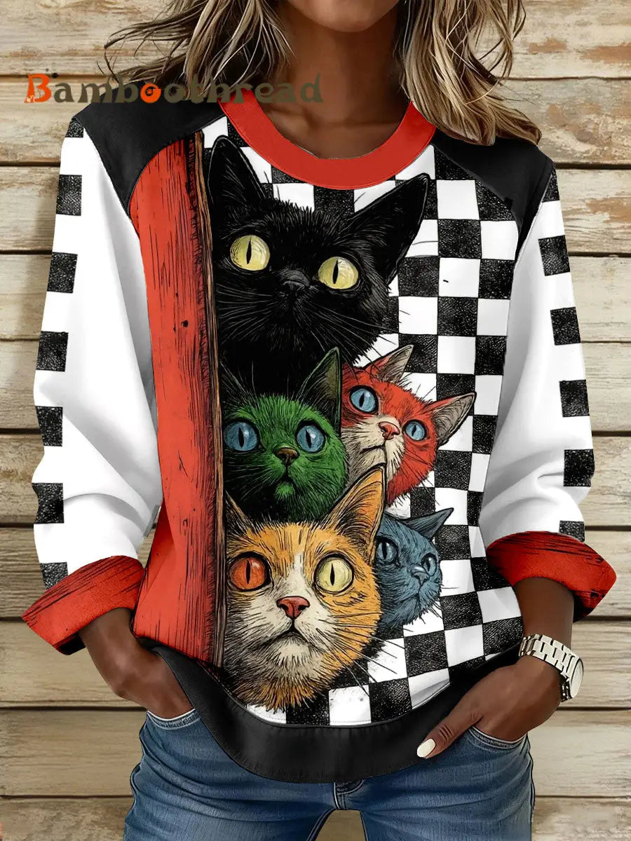 Women’s Vintage Cats Print Sweatshirts As picture / S