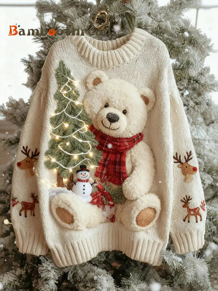 Women’s Vintage Christmas Bear Tree Knitted Sweater As picture / S