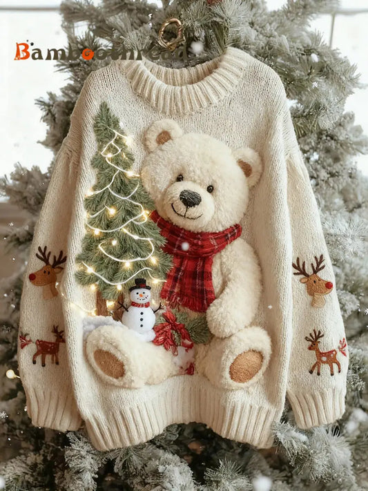 Women’s Vintage Christmas Bear Tree Knitted Sweater As picture / S