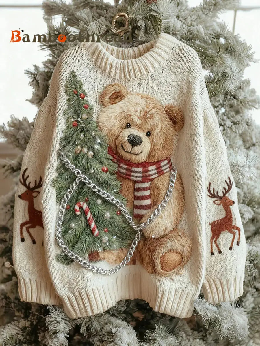 Women’s Vintage Christmas Bear Tree Knitted Sweater As picture / S