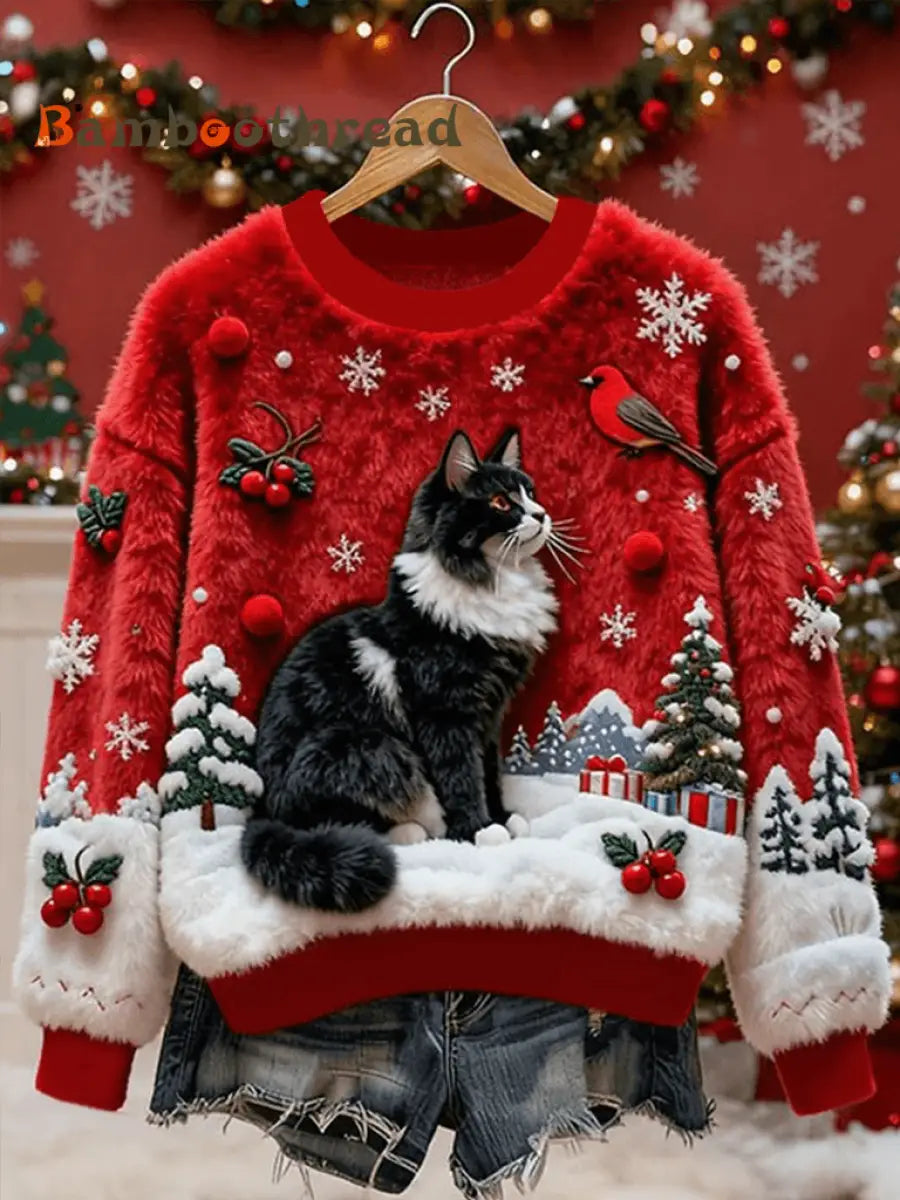 Women’s Vintage Christmas Black Cat Printed Flannel Sweatshirt Red / S