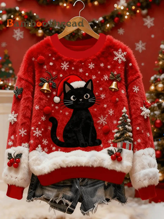 Women’s Vintage Christmas Black Cat Printed Flannel Sweatshirt Red / S