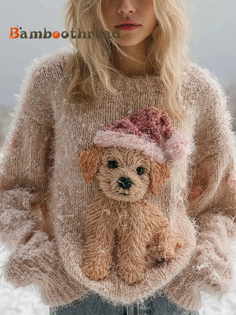 Women’s Vintage Christmas Dog Art Knitted Sweater As picture / S