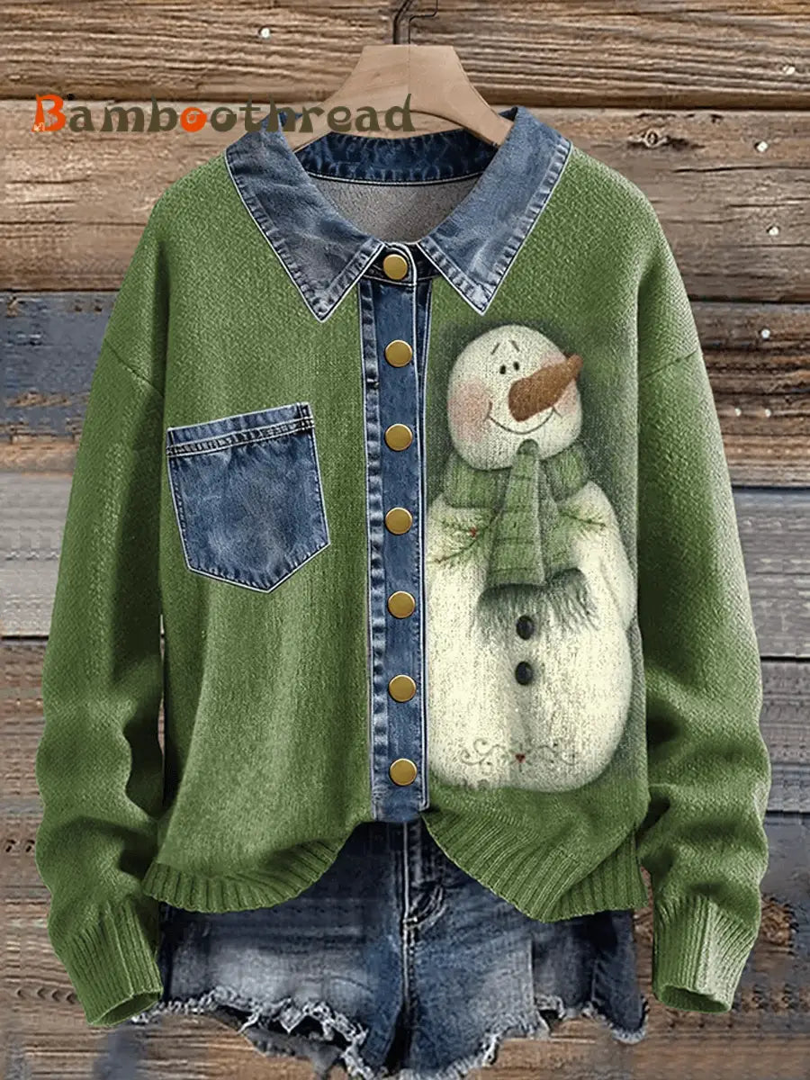 Women’s Vintage Christmas Snowman Denim Lapel Button Sweater As picture / S