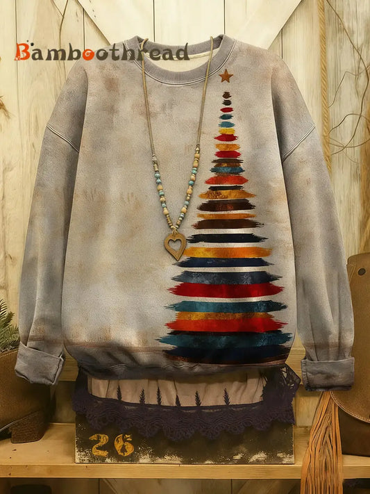Women’s Vintage Christmas Tree Art Print Casual Sweatshirt As picture / S