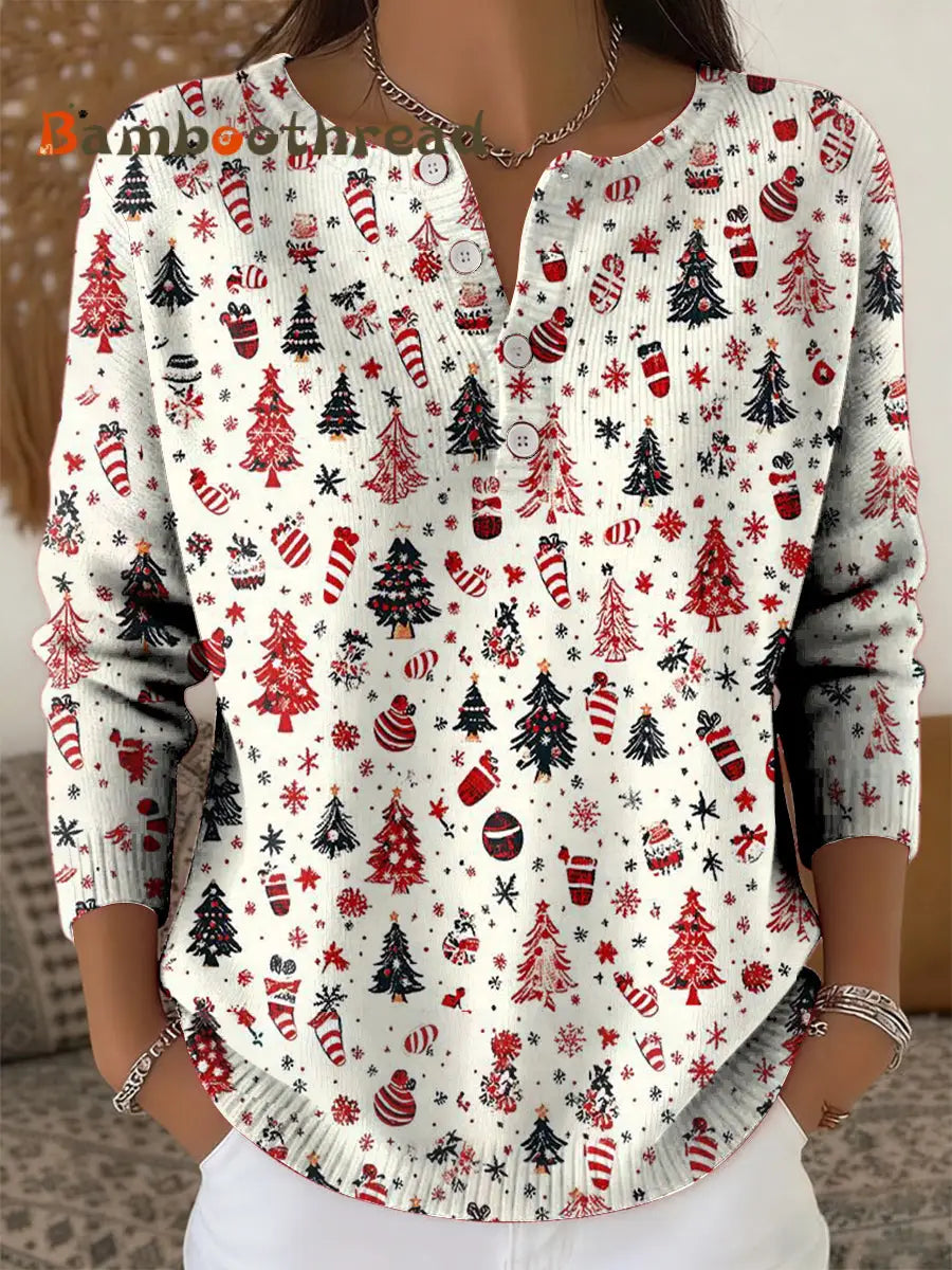 Women’s Vintage Christmas Tree Art Print Long-sleeve Sweater Beige / S