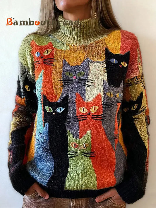 Women’s Vintage Colorful Crowded Cats Art Cozy Sweater As picture / S