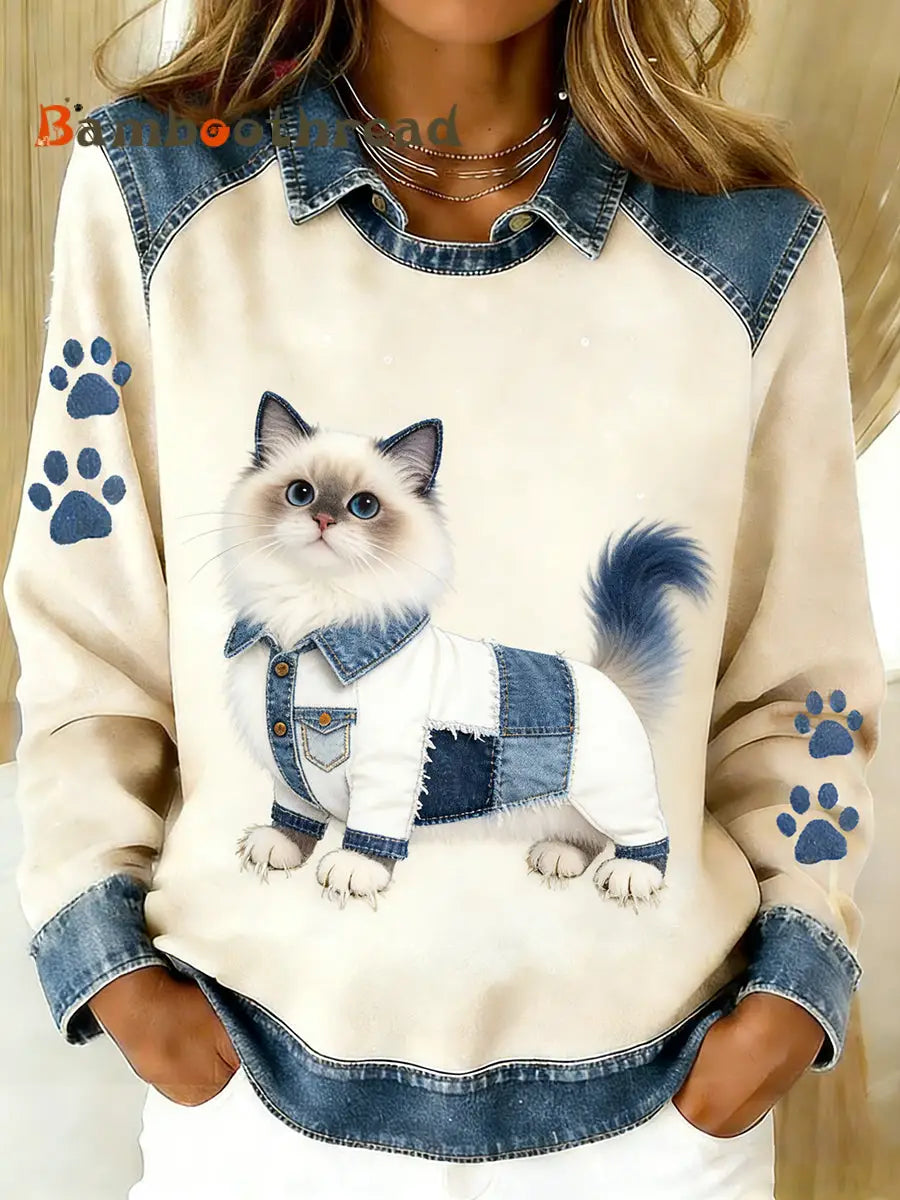 Women’s Vintage Denim Patchwork Top With Animal Art Print Casual And Comfortable