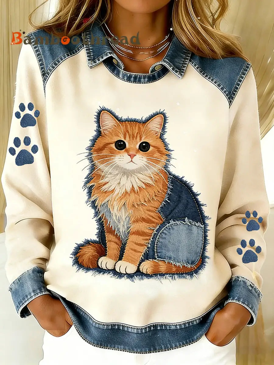 Women’s Vintage Denim Patchwork Top With Animal Art Print Casual And Comfortable A / S