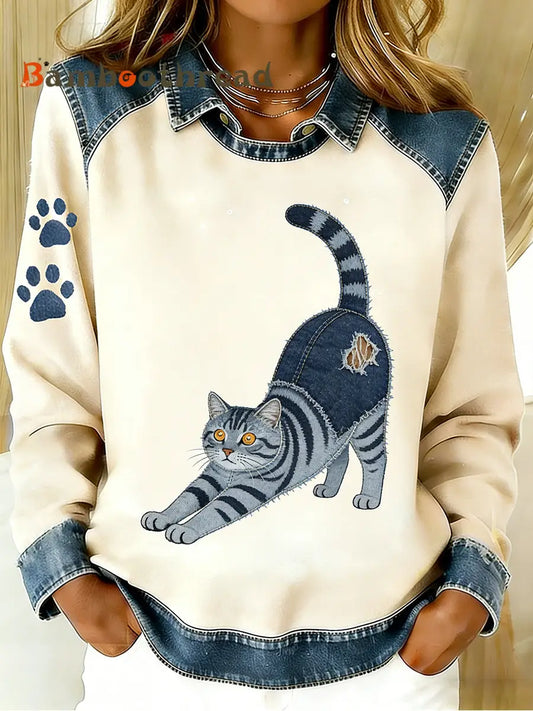 Women’s Vintage Denim Patchwork Top With Animal Art Print Casual And Comfortable A / S