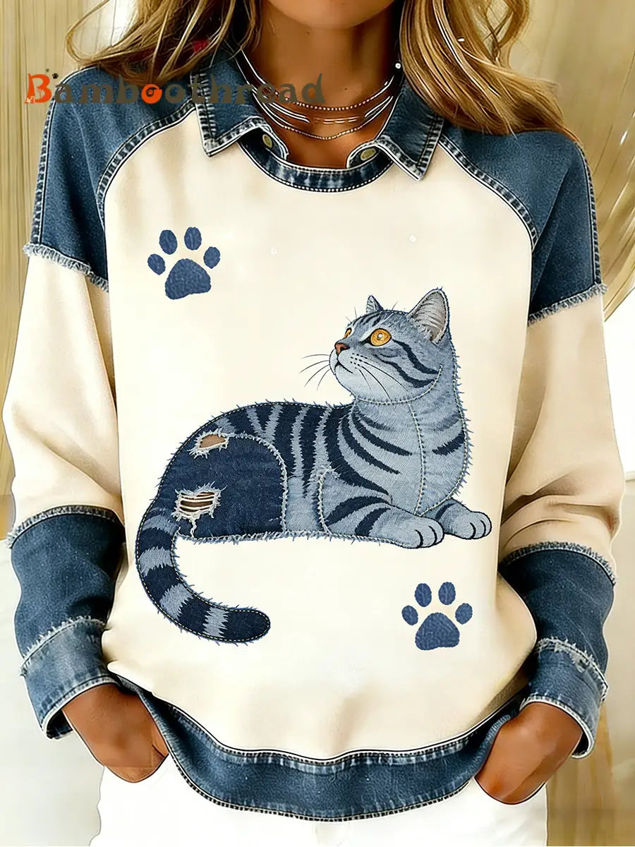 Women’s Vintage Denim Patchwork Top With Animal Art Print Casual And Comfortable A / S