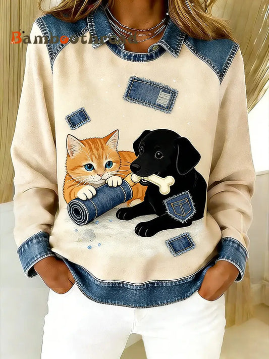 Women’s Vintage Denim Patchwork Top With Animal Art Print Casual And Comfortable A / S