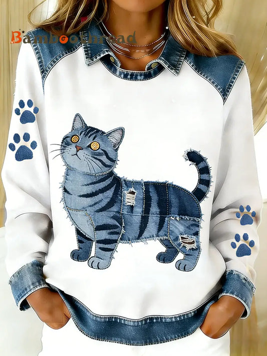 Women’s Vintage Denim Patchwork Top With Animal Art Print Casual And Comfortable A / S