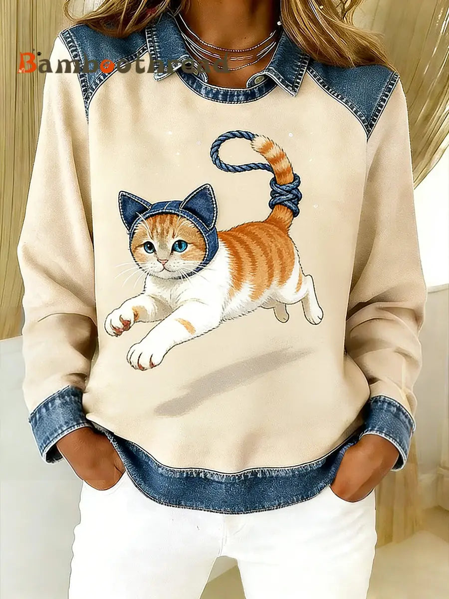 Women’s Vintage Denim Patchwork Top With Animal Art Print Casual And Comfortable A / S