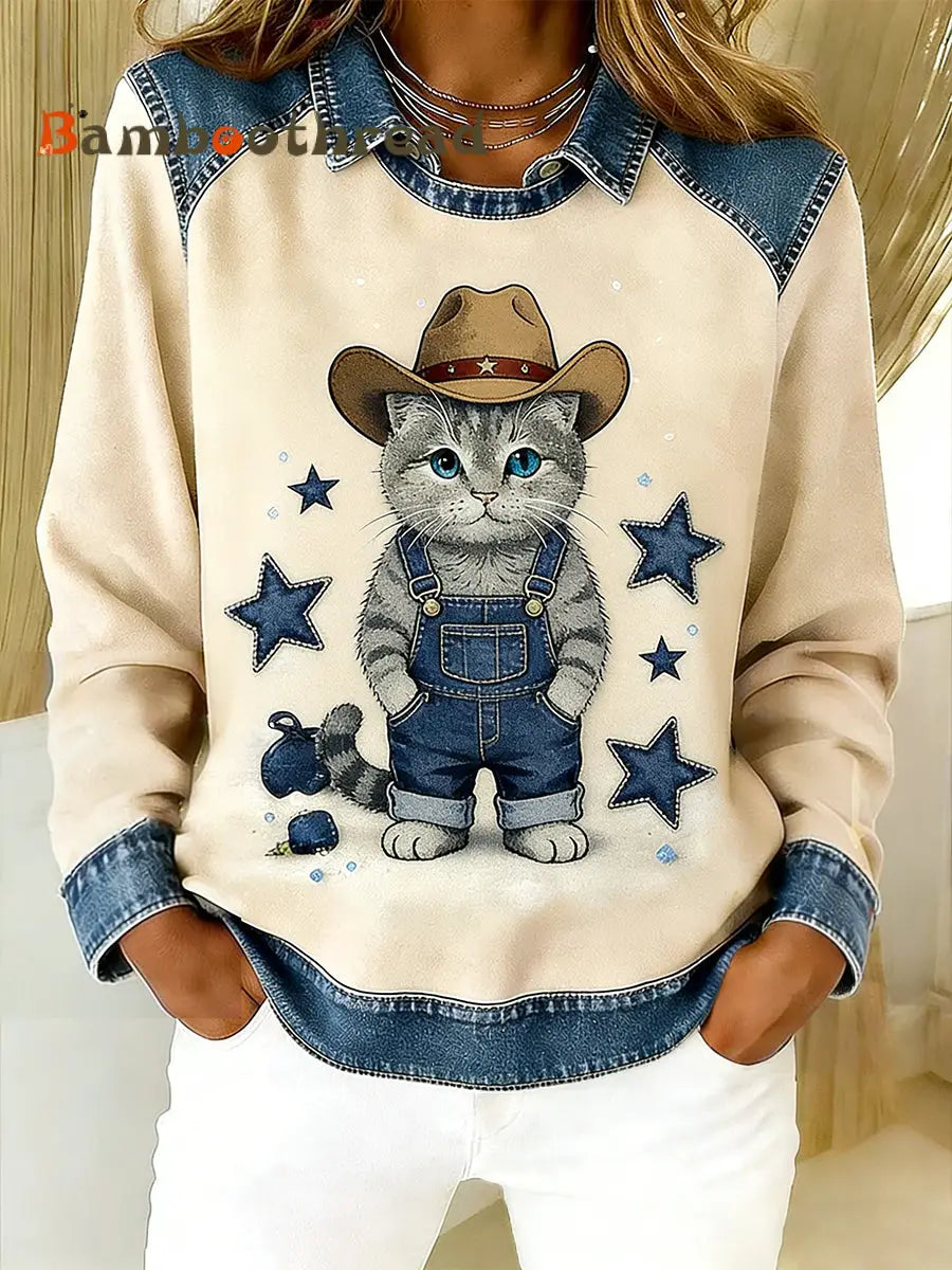 Women’s Vintage Denim Patchwork Top With Animal Art Print Casual And Comfortable A / S