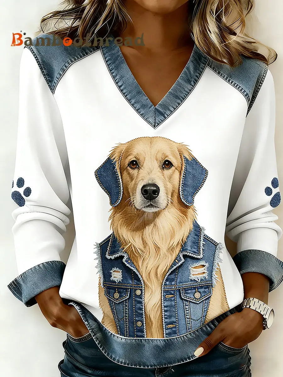 Women’s Vintage Denim Patchwork Top With Animal Art Print Casual And Comfortable A / S