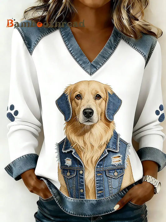 Women’s Vintage Denim Patchwork Top With Animal Art Print Casual And Comfortable A / S