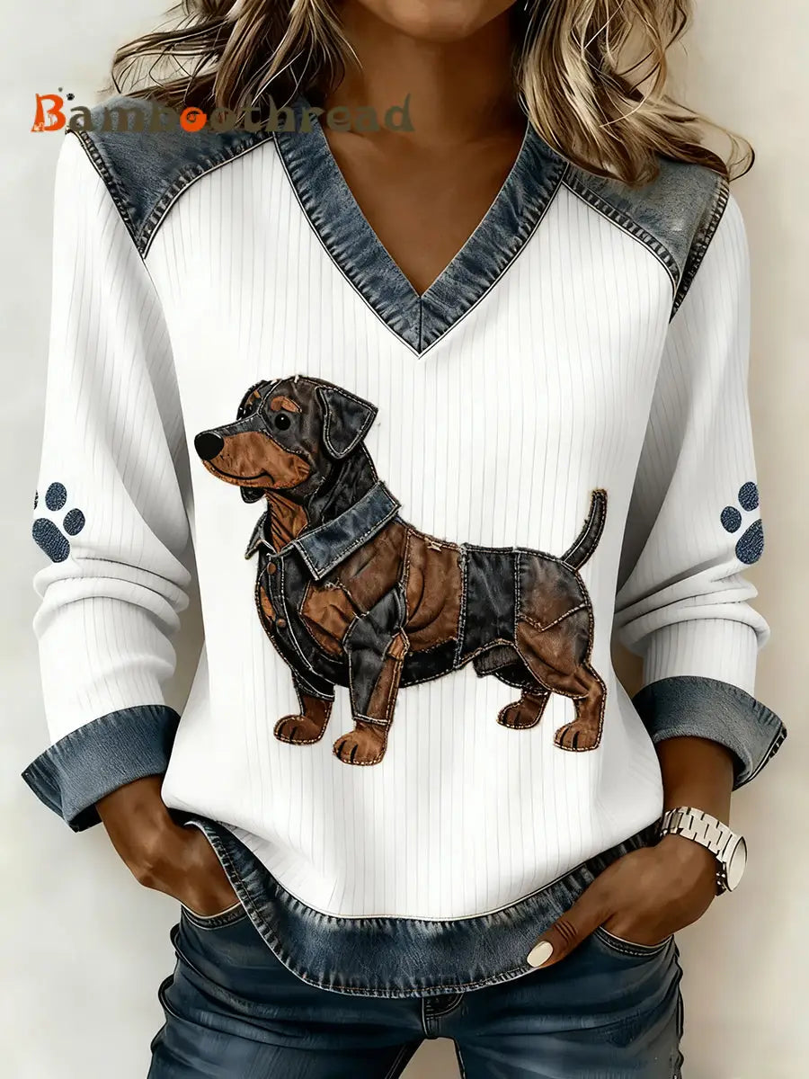 Women’s Vintage Denim Patchwork Top With Animal Art Print Casual And Comfortable A / S