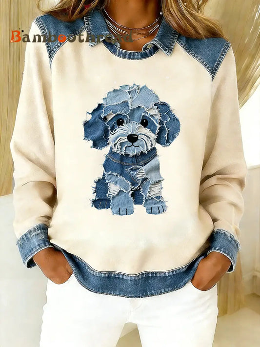 Women’s Vintage Denim Patchwork Top With Animal Art Print Casual And Comfortable A / S