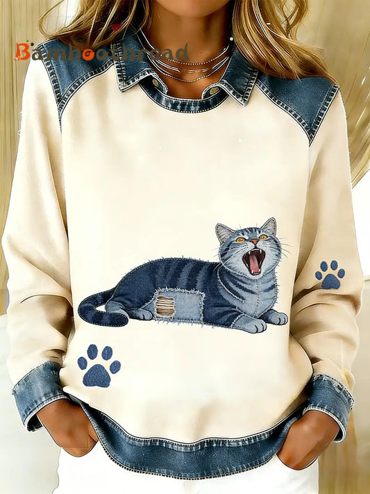 Women’s Vintage Denim Patchwork Top With Animal Art Print Casual And Comfortable A / S