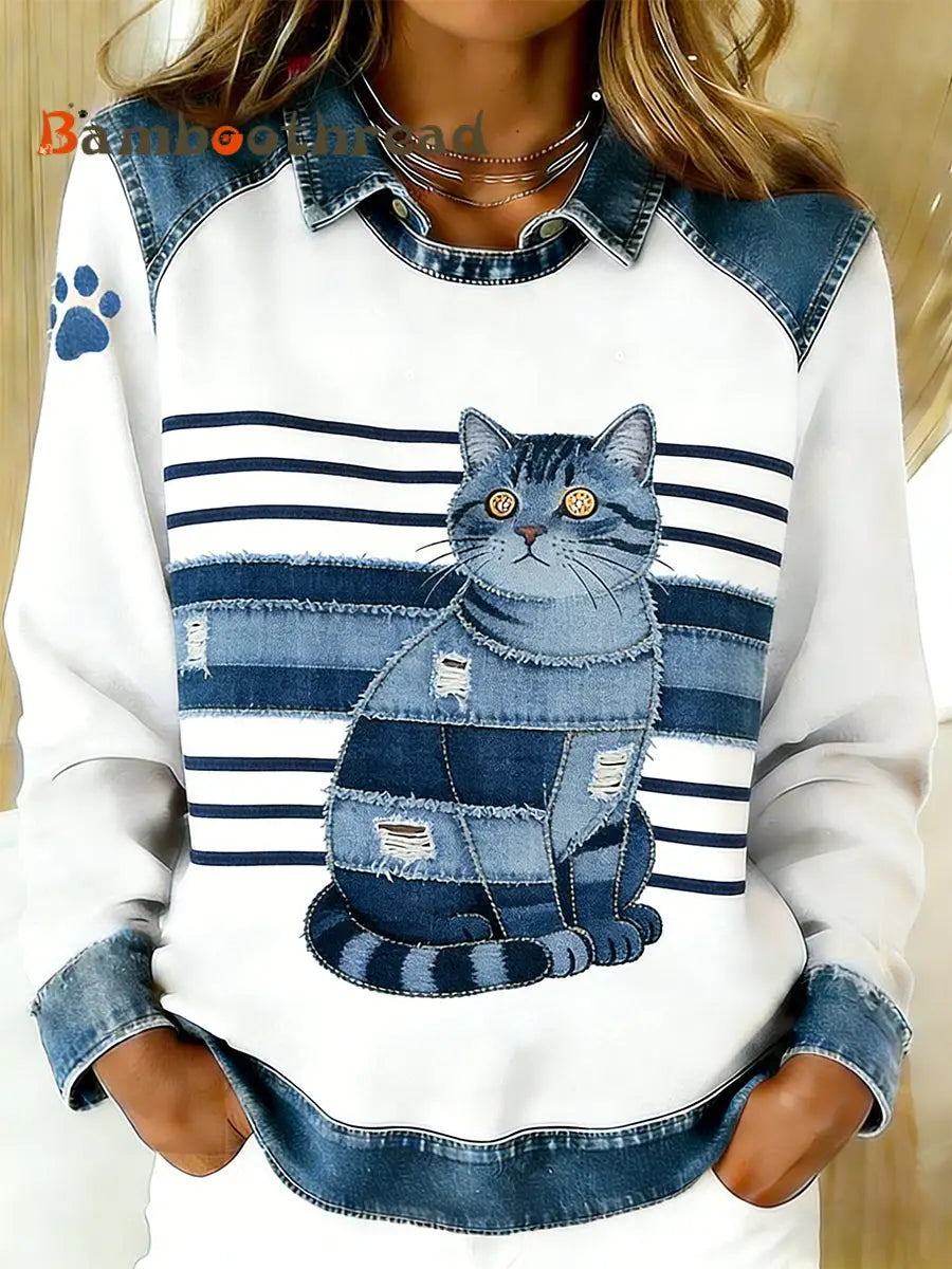 Women’s Vintage Denim Patchwork Top With Animal Art Print Casual And Comfortable A / S