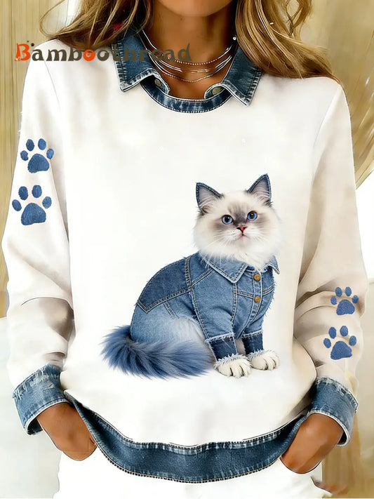 Women’s Vintage Denim Patchwork Top With Animal Art Print Casual And Comfortable A / S