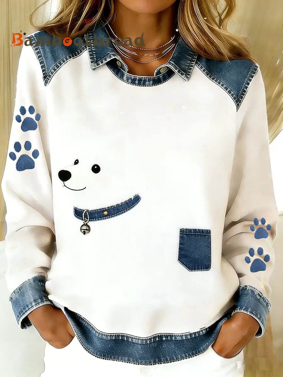 Women’s Vintage Denim Patchwork Top With Animal Art Print Casual And Comfortable A / S