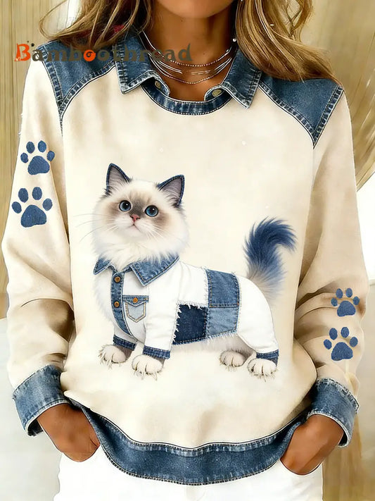 Women’s Vintage Denim Patchwork Top With Animal Art Print Casual And Comfortable A / S