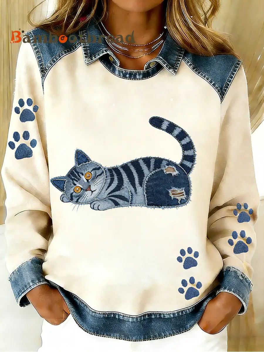 Women’s Vintage Denim Patchwork Top With Animal Art Print Casual And Comfortable A / S