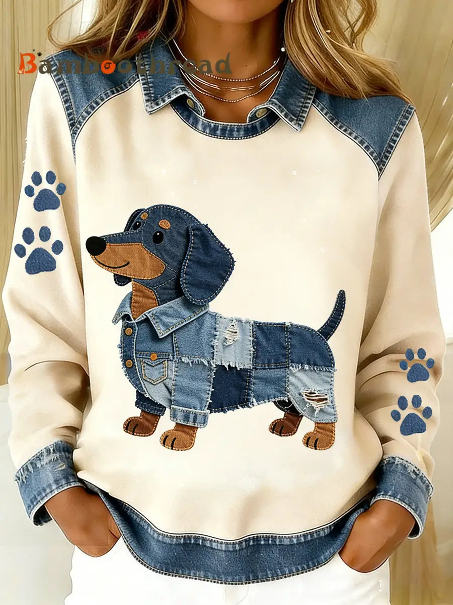 Women’s Vintage Denim Patchwork Top With Animal Art Print Casual And Comfortable A / S