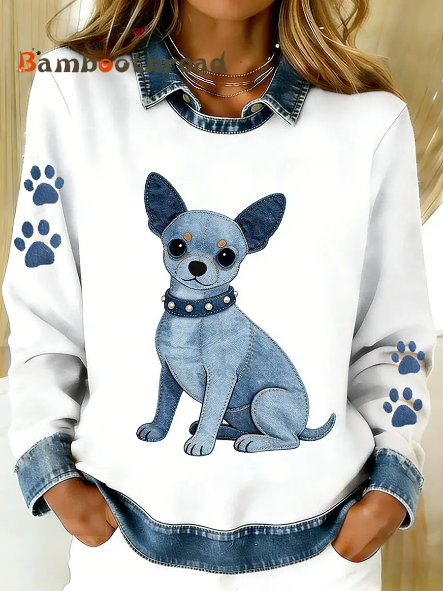 Women’s Vintage Denim Patchwork Top With Animal Art Print Casual And Comfortable A / S