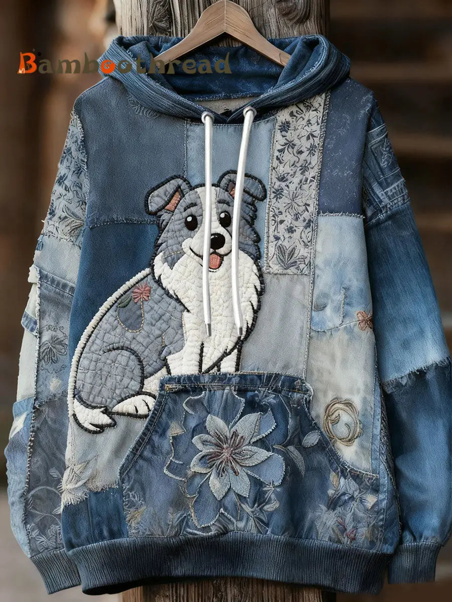 Women’s Vintage Dog Art Print Casual Hoodie Blue / S