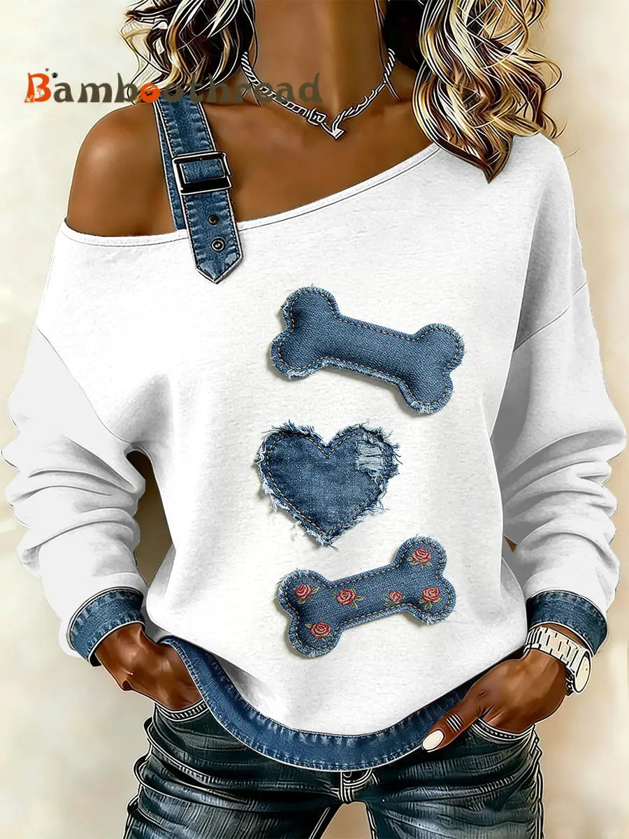 Women’s Vintage Dog Bone Patchwork Print Casual Off-Shoulder Sweatshirt As picture / S