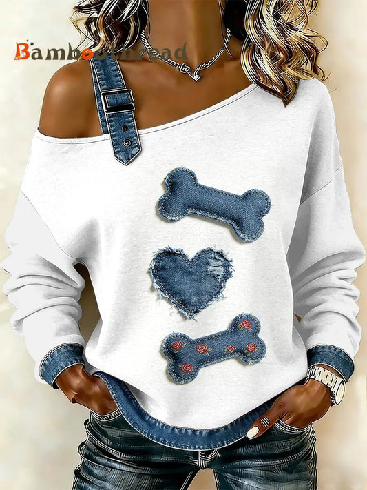 Women’s Vintage Dog Bone Patchwork Print Casual Off-Shoulder Sweatshirt As picture / S