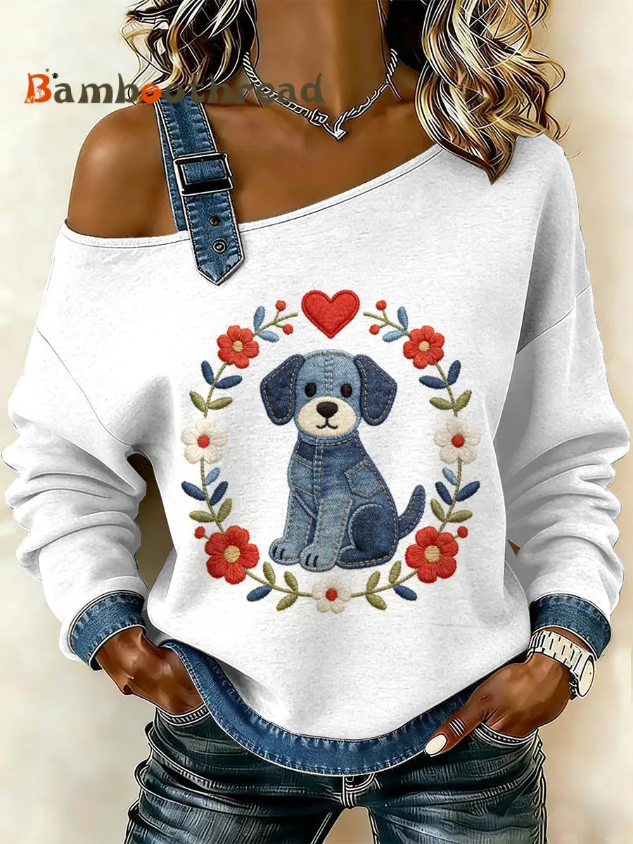 Women’s Vintage Dog Floral Patchwork Print Casual Off-Shoulder Sweatshirt As picture / S